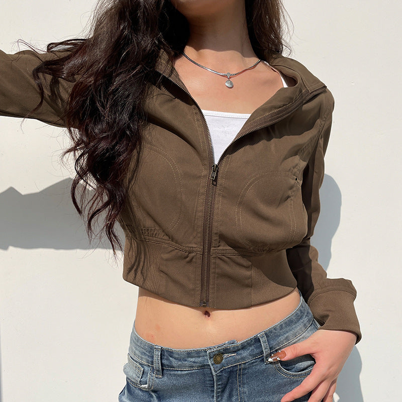 Retro Waist-controlled Zipper Stand-up Collar Jacket