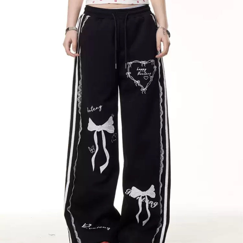 Vintage Bow Lace Casual Pants Summer Elastic Waist