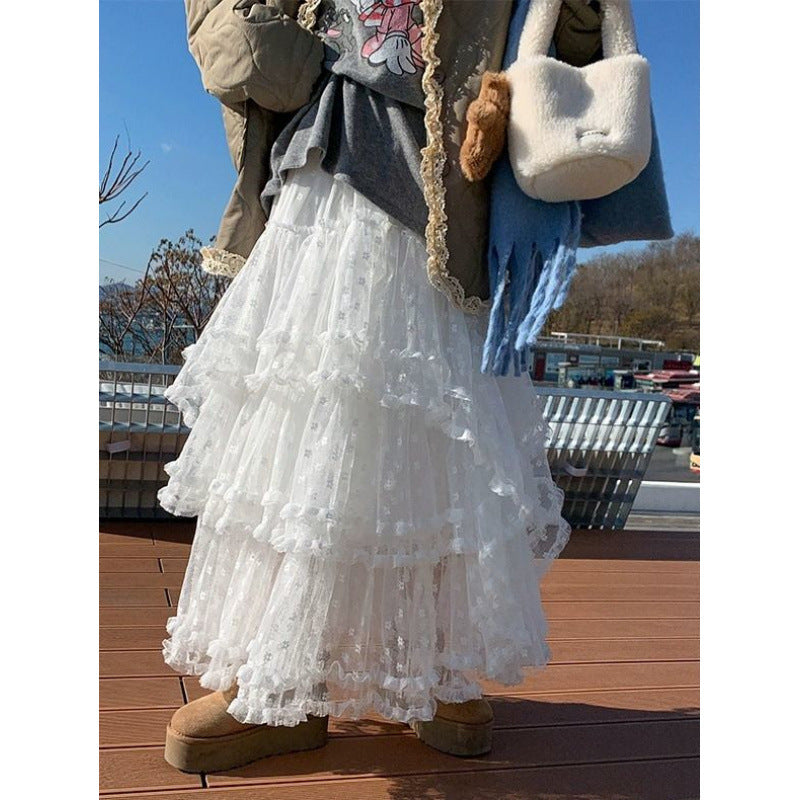 Lace Stitching High Waist Mid-length Skirt