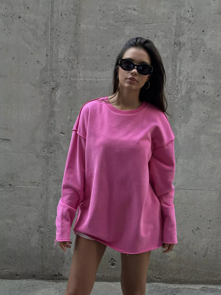 Afslappet ensfarvet langærmet sweatshirt med rund hals