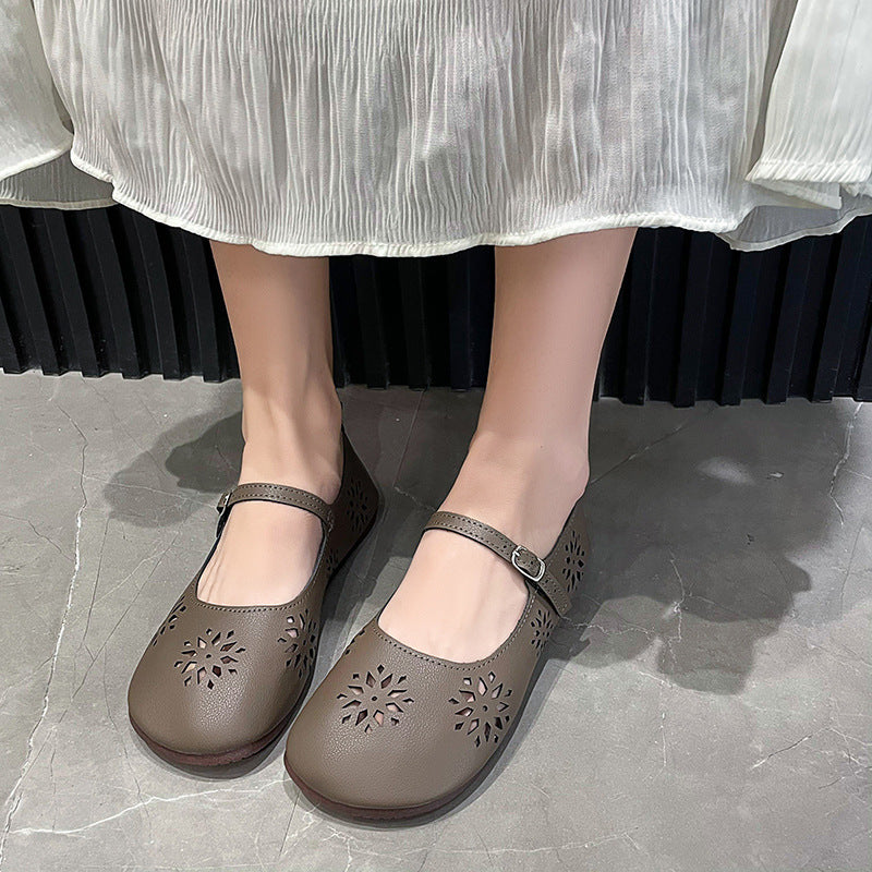 Hole Shoes Buckle Hollowed Leisure Flat Outerwear Retro Soft Leather