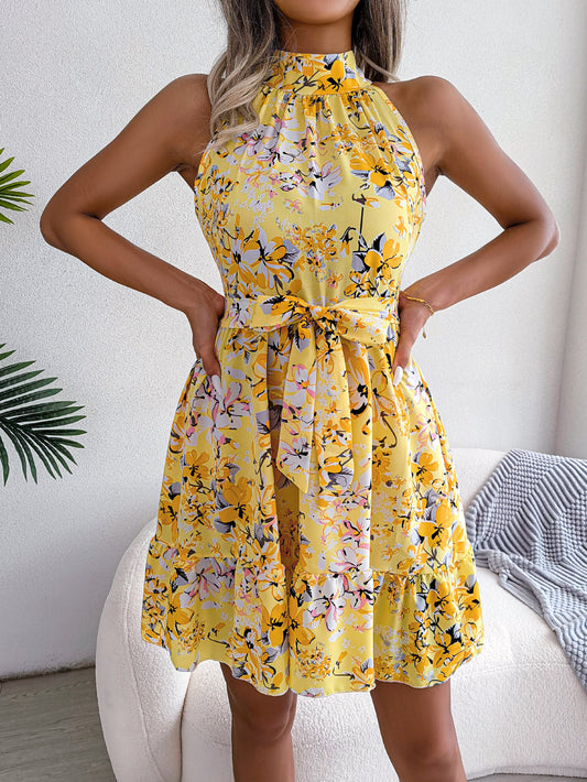 Women   Elegant Tie Waist Ruffle Hem Flowy Floral Print Dress