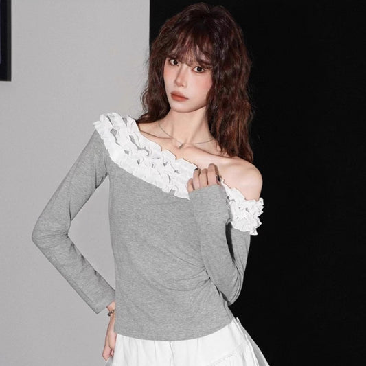 Womens Long-Sleeve T-Shirt With A Collarless Neckline And A Lace-Like Mushroom-Shape Trim