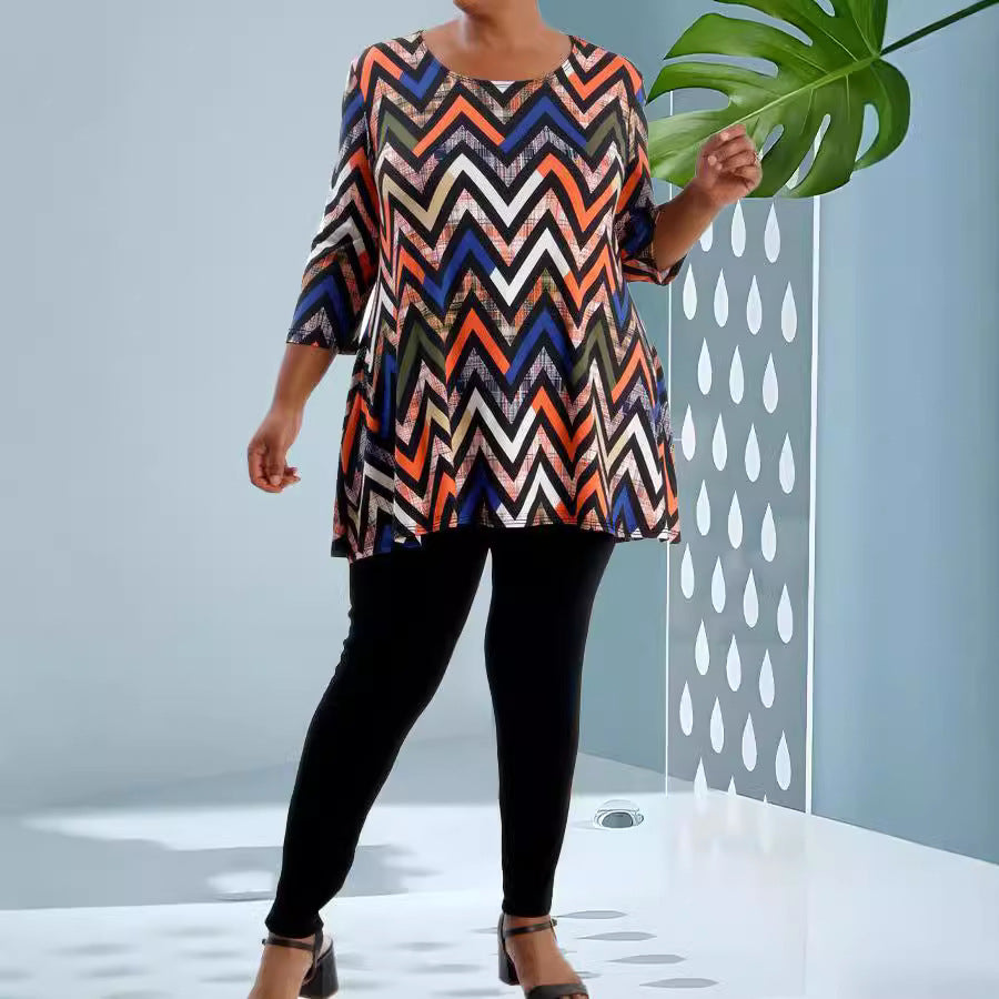 New Best-selling Casual Printed Plus-size Loose-fitting Crew-neck Top