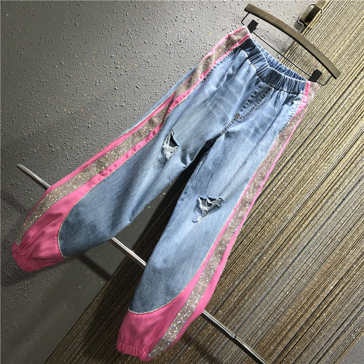 Hot Rhinestone Colorblock Elastic Waist Loose Large Size Thin Harlan Jeans