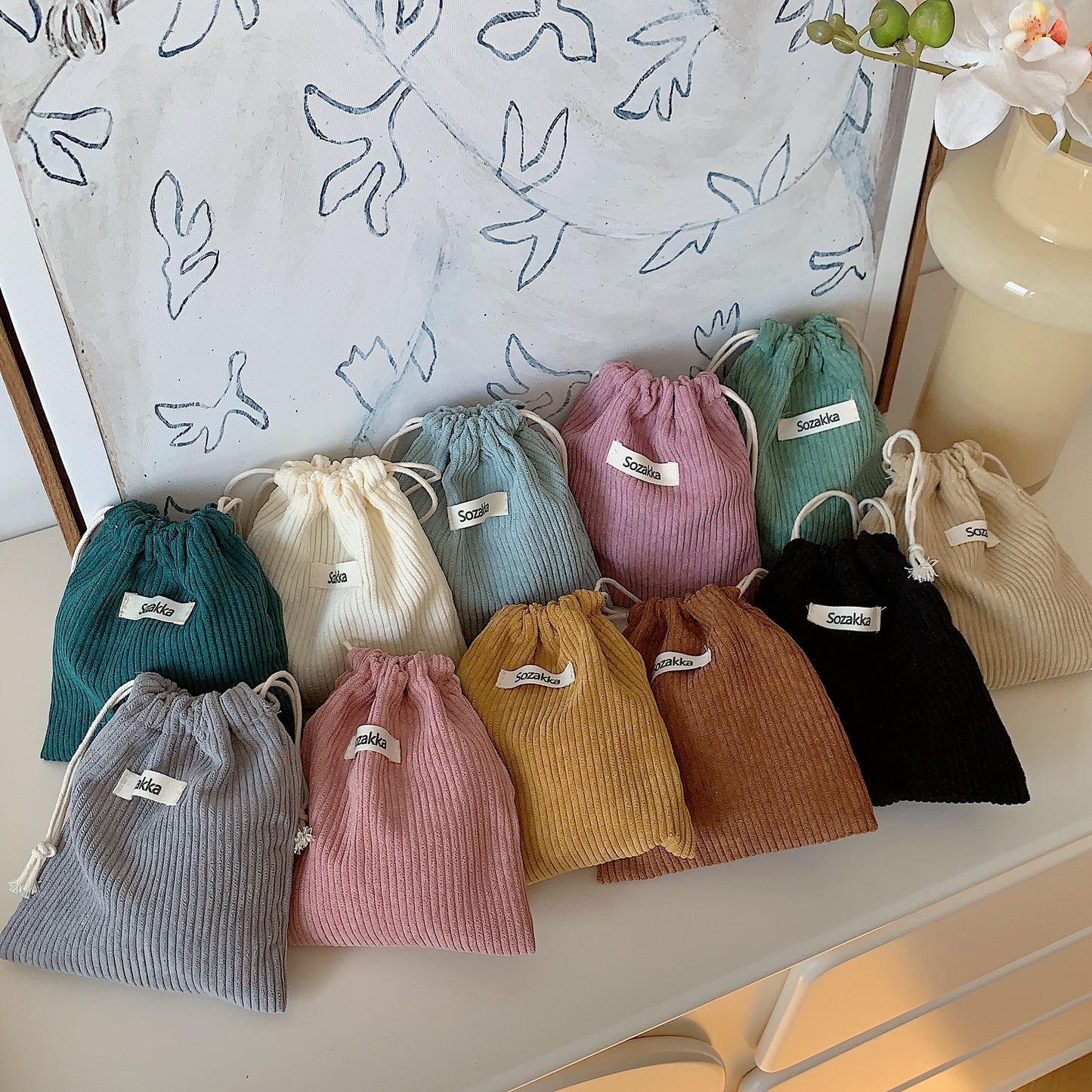 Solid Color Corduroy Buggy Bag Drawstring Bundle Cosmetic Bag