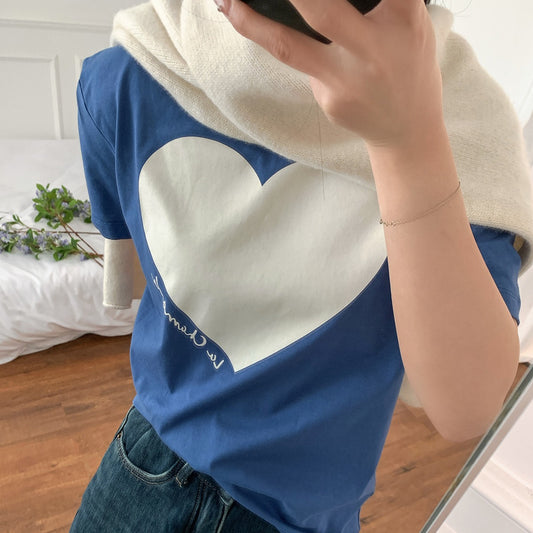 Forårs T-shirt med hjerteprint og løs pasform, rund hals