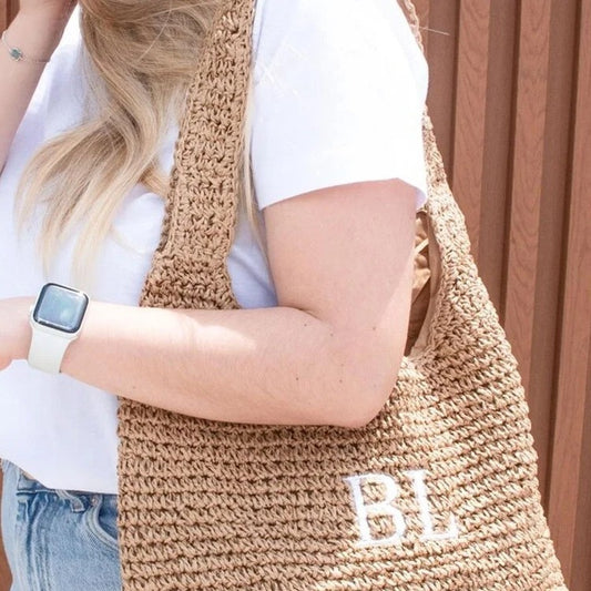 Fashionable Handheld Straw Bag With Alphabet Embroidery