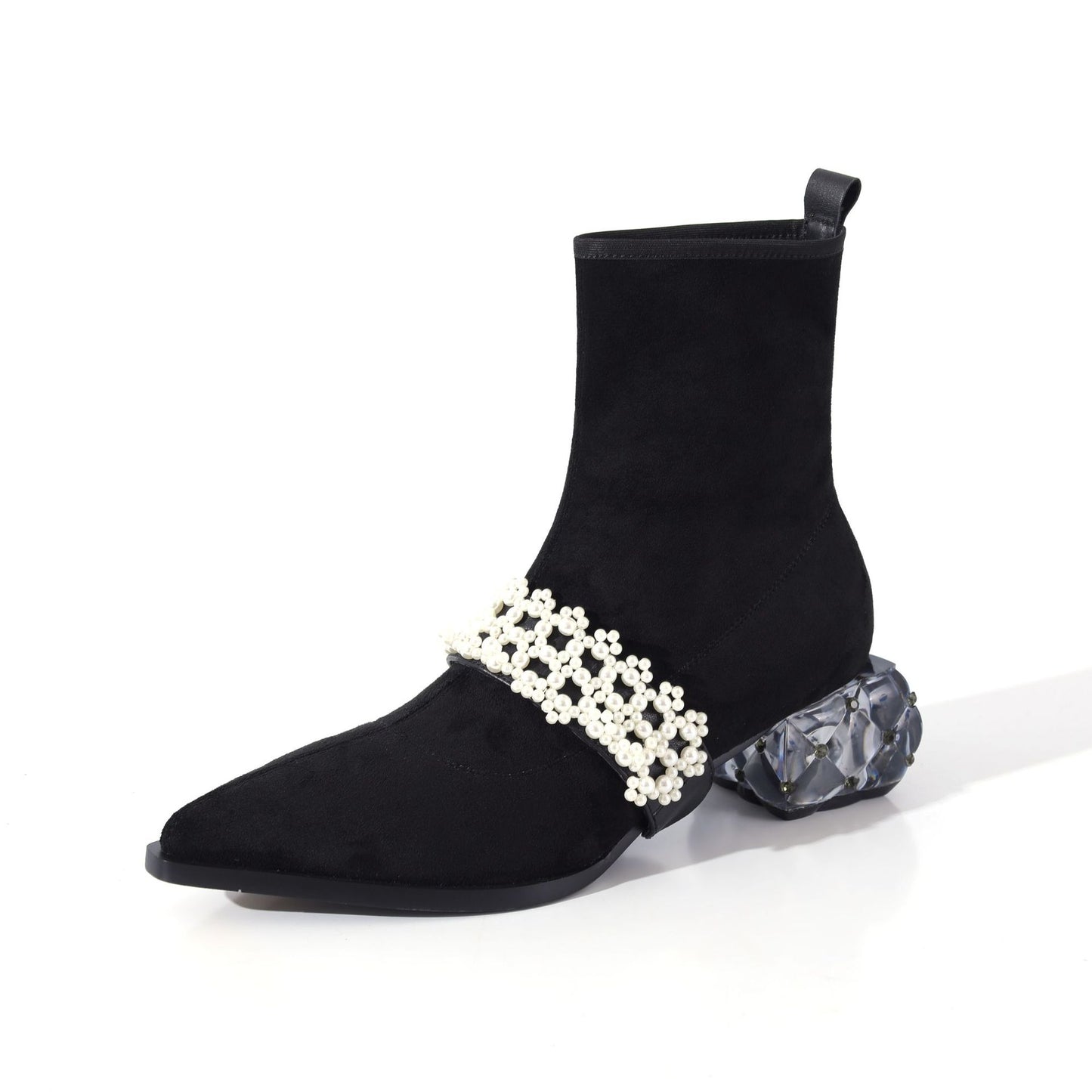 Suede Pointed Toe Elastic Lining Full Leather Crystal Chunky Heel Boots