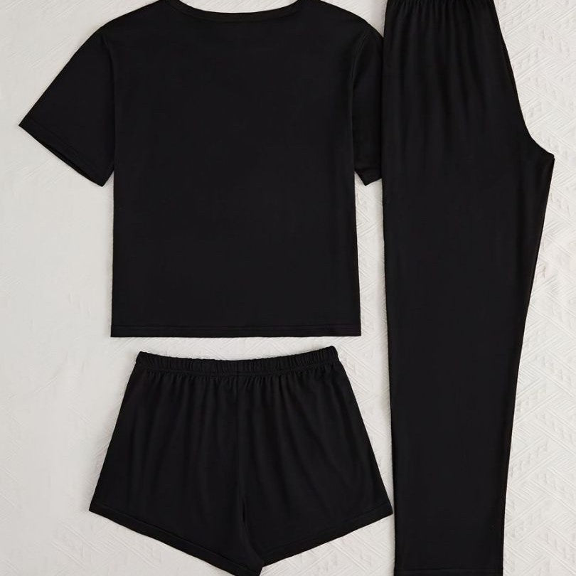 Homewear Pajamas For Women Lettered Black Three-piece Suit