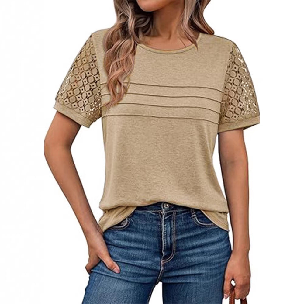 Round-neck Hollow-out Short-sleeve Elegant Loose-fitting