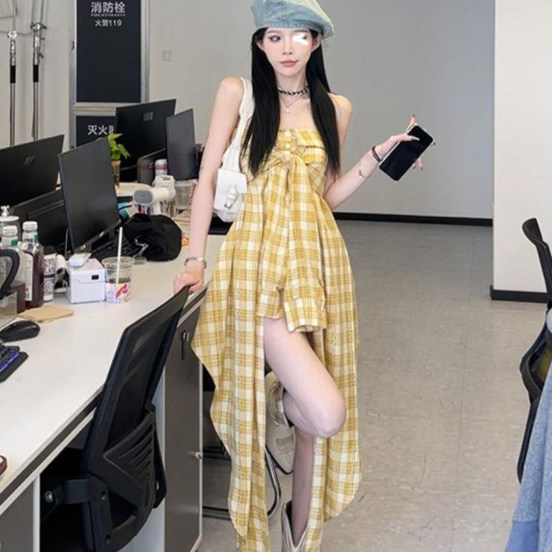 Women's Irregular Yellow Plaid Tube Dress
