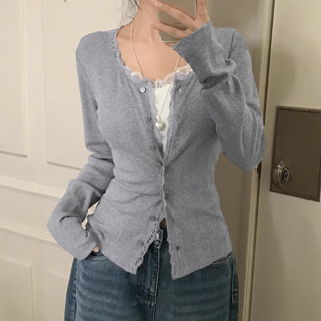 Women's Lace Stitching Light Long Sleeve Knitted Coat