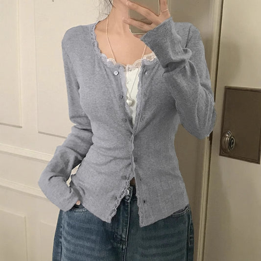 Women's Lace Stitching Light Long Sleeve Knitted Coat