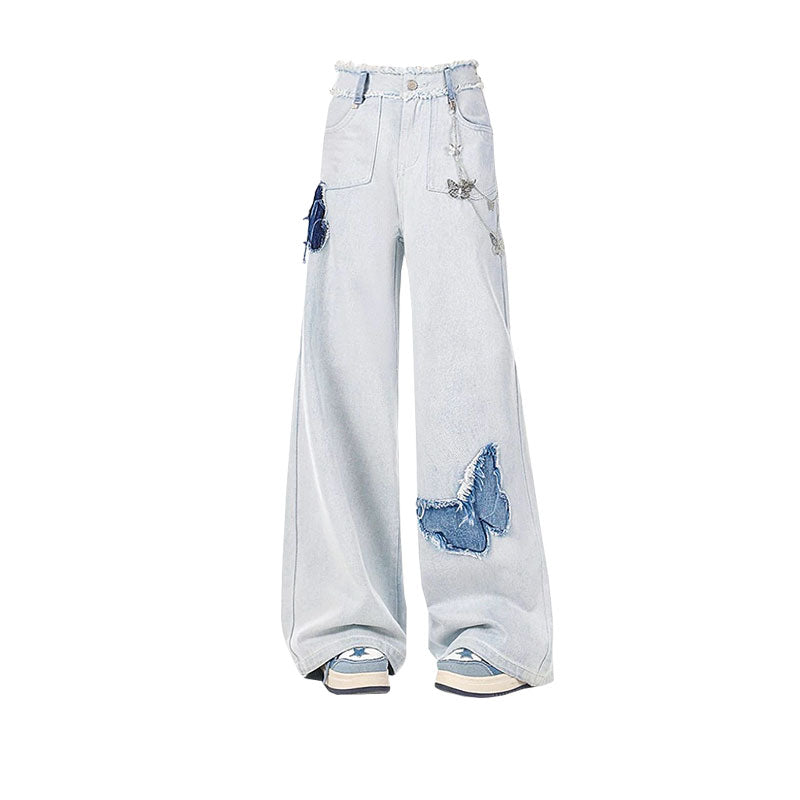 Vintage sommerfugl klistret stofbroderi jeans lige ben vidde bukser