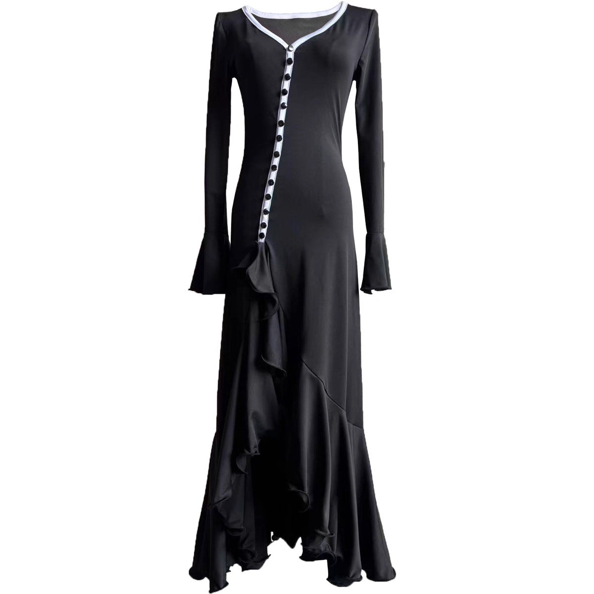 Womens High-Slit Ruffle-Trim Long-Sleeve Dress