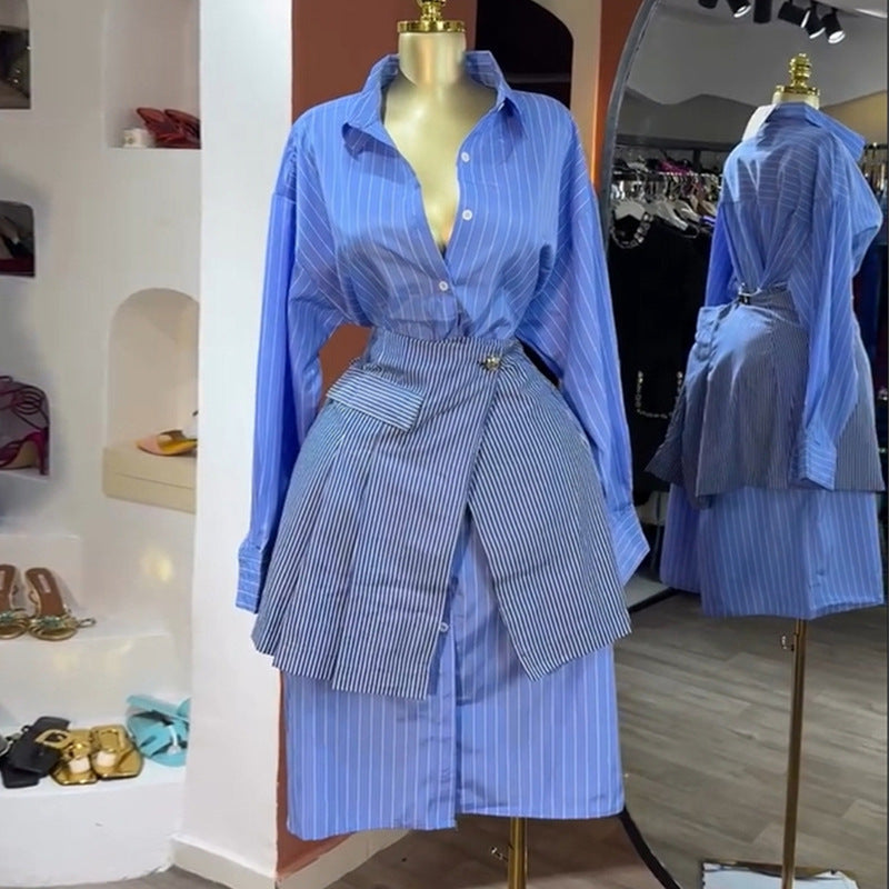Turn-down Collar Blue Striped Long-sleeve Shirt And Waist-cinching Casual Set