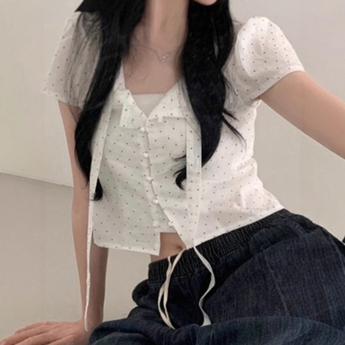 Sweet Alluring Bow-Knot Polka-Dot Strap Short-Sleeve T-Shirt