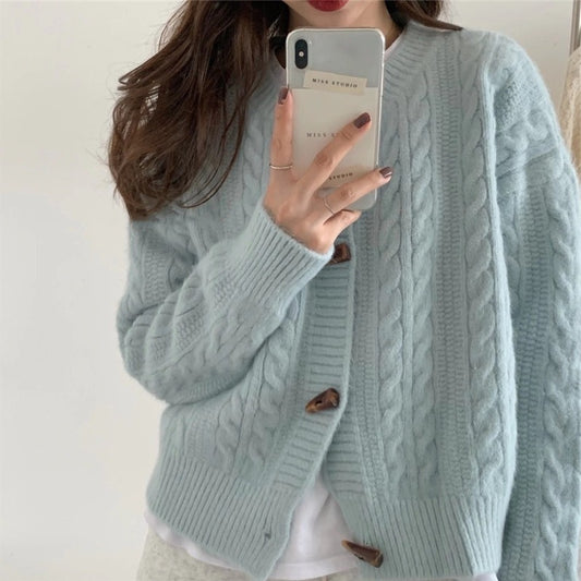 Womens Japanese-style Bell-shaped Button Short Ribbed Knit Sweater