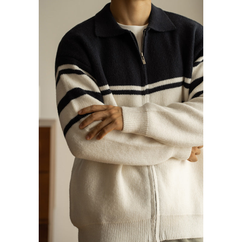 Young Contrast Color Striped Lapel Sweater Men's Casual Zipper