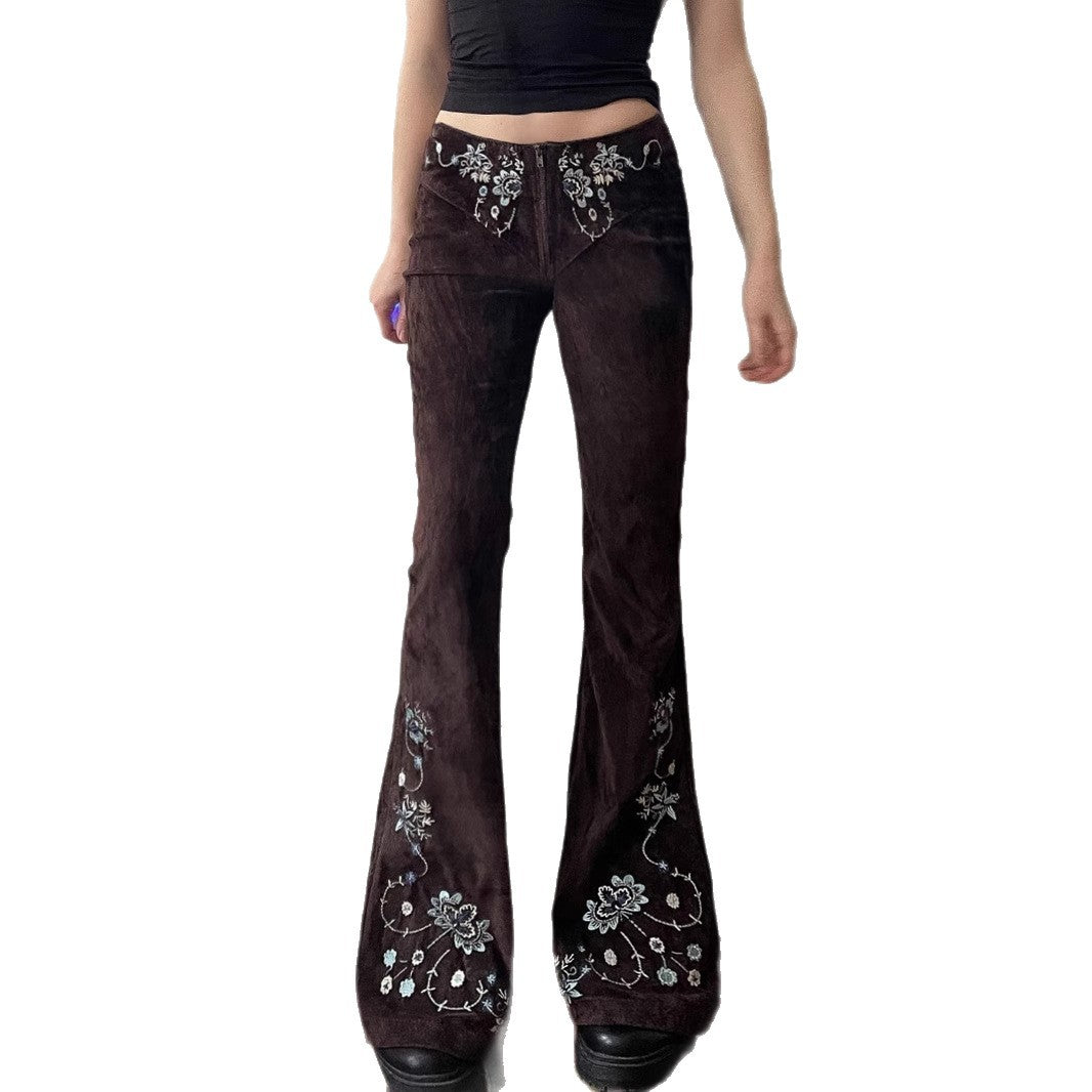 Denim-style Casual Pants With Floral Embroidery