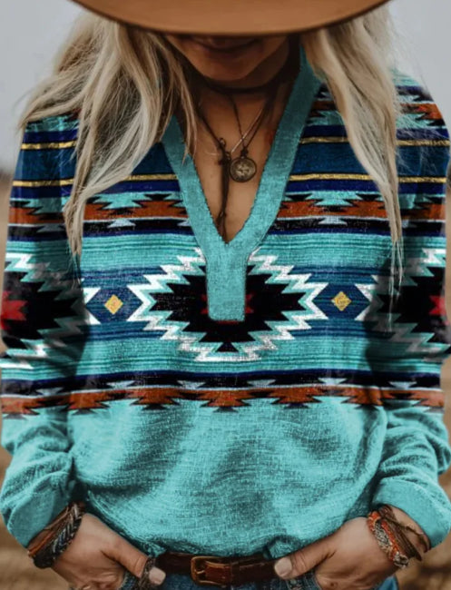 Women's Vintage Aztec Print V-neck Long Sleeve Casual Cotton Shirt