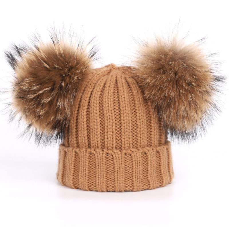 Men's And Women's Thickened Raccoon Fur Ball Knitted Ear  Set