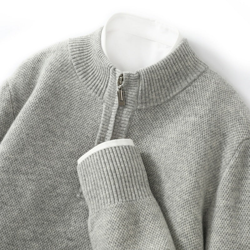 Men's Mid-length Zip-up Honeycomb-knit Thickened Sweater