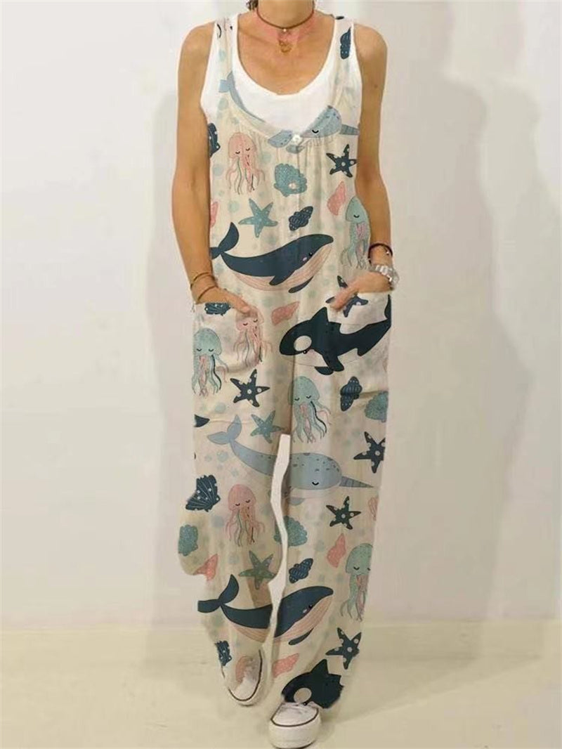 Women's Animal Floral Botanical Print Casual Sleeveless Loose Jumpsuit
