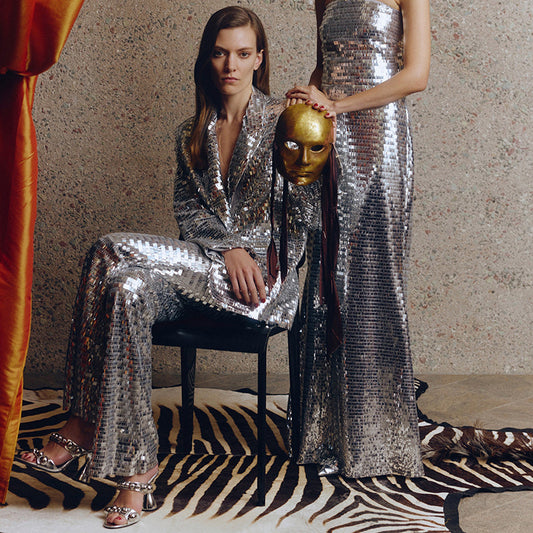 Fashionable One-Button Mesh Sequin Blazer And Pants Suit