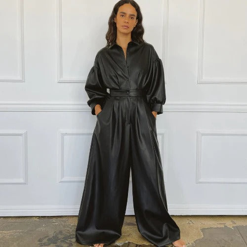 Black Pu Retro Loose Leather Button Pocket Jumpsuit