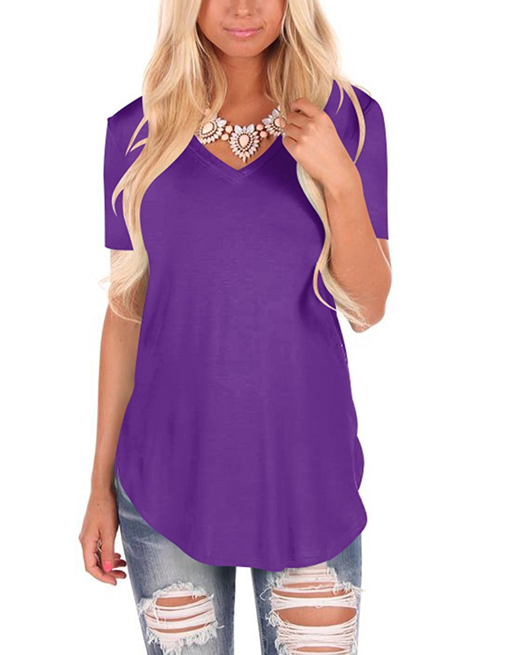 V-neck Knitted Solid Color Top Plus Size Loose Short Sleeve