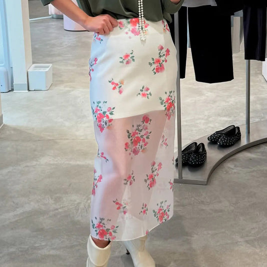 New Digital-print Sheer High-waist Split Skirt