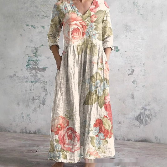 Womens 3D Floral Print Mid-Length Sleeve Dress With Patterned Background