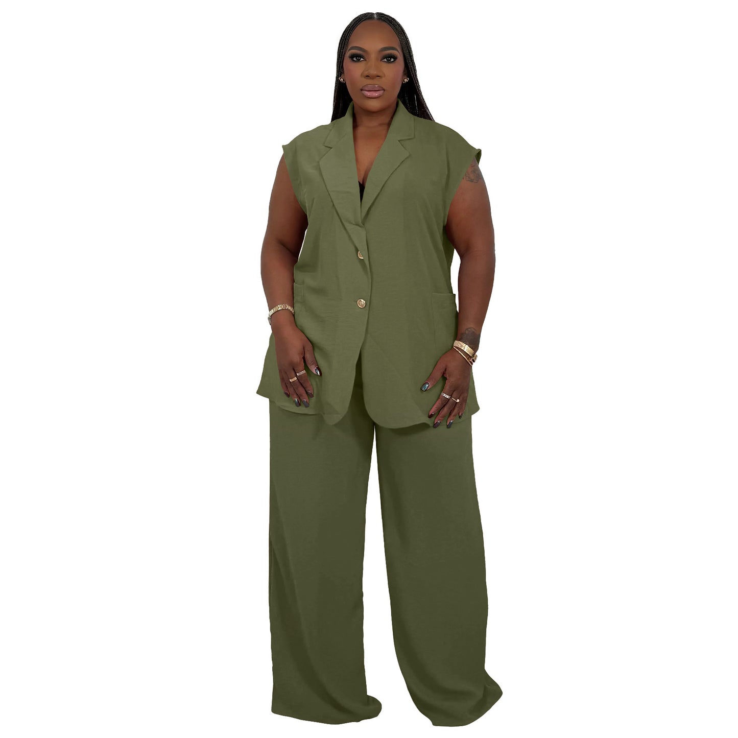Women's V-Neck Sleeveless Fashionable Casual Two-Piece Set