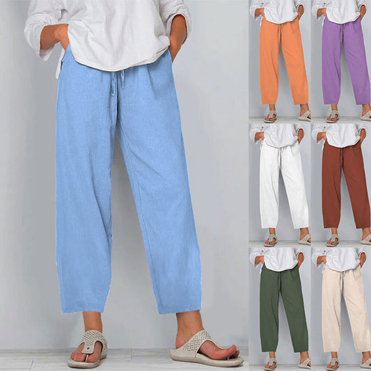 Elastic Waist Solid Color Cotton And Linen Wide Leg Casual Trousers