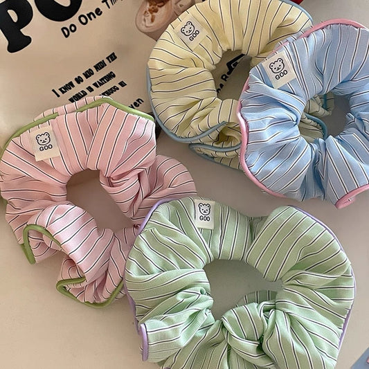 Cream-colored Contrast-striped Hair Accessory With A Sweet Little Bear Designa Chic Scrunchie
