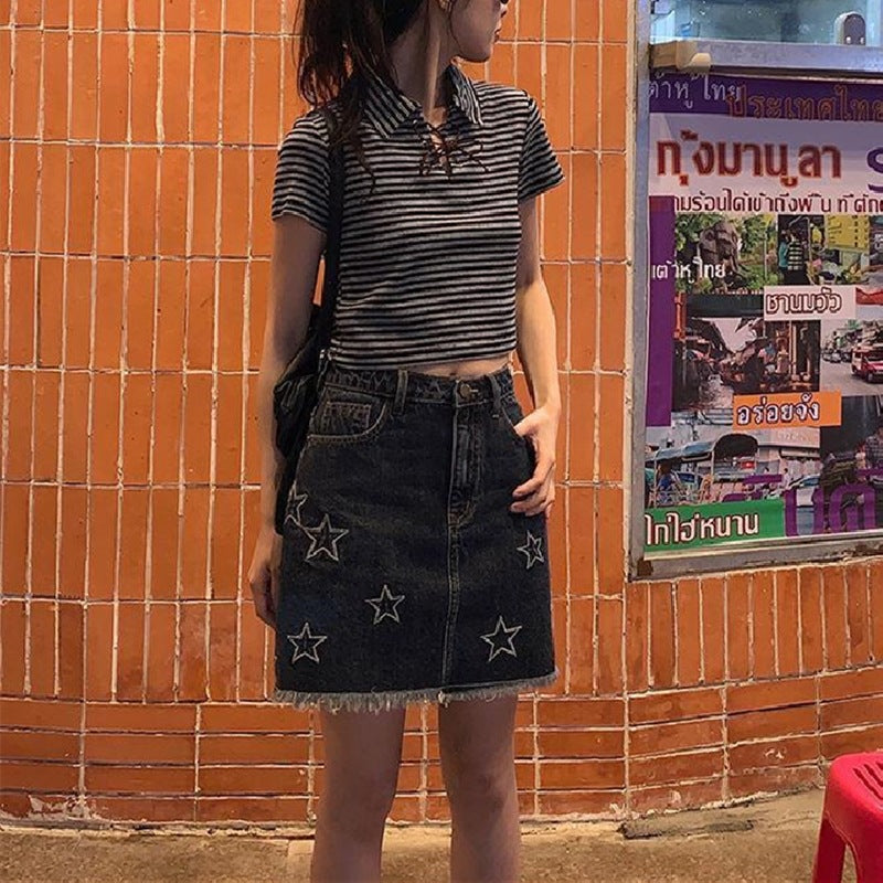 Star Embroidery American Vintage Denim Short Skirt Summer Women's High Waist Spice Girl Half Skirt Bag Hip Skirt