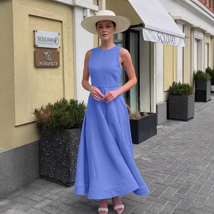 Womens Blue Crew-Neck Cotton-Linen Dress, Tank-Style Long Skirt