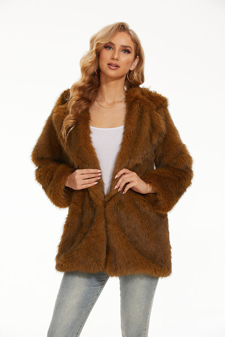Mid-length Womens Faux Fur Coat Warm Long-sleeve Coat For Women