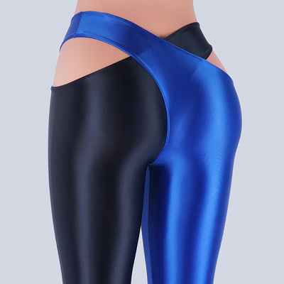 Glossy Leggings Patchwork Color Cross Open Crotch Pants