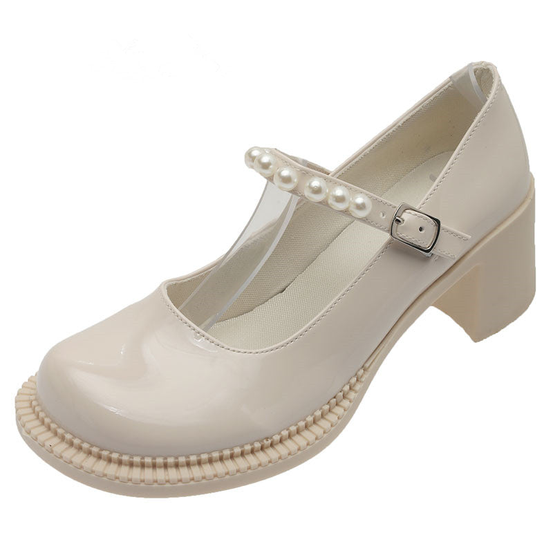 Pearl British Small Leather Shoes Female Summer Thin Section With Skirt Thick Heel Retro