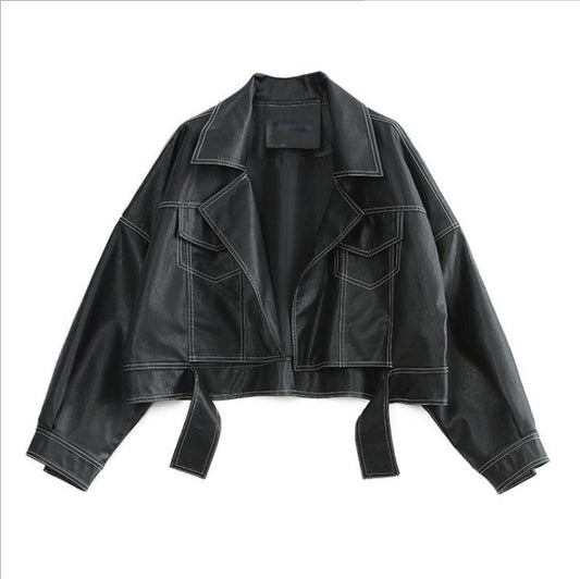 Black And White Line Lapel Women's PU Leather Jacket