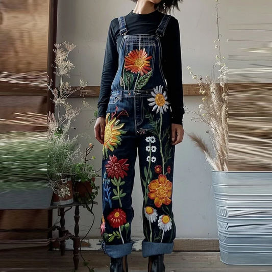 Art Oil Painting Plant Floral Print Jeans Jumpsuit