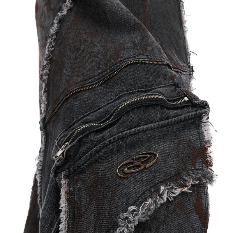 Raw Edge Splash-dyeing Distressed Padded Shoulder Denim Coat