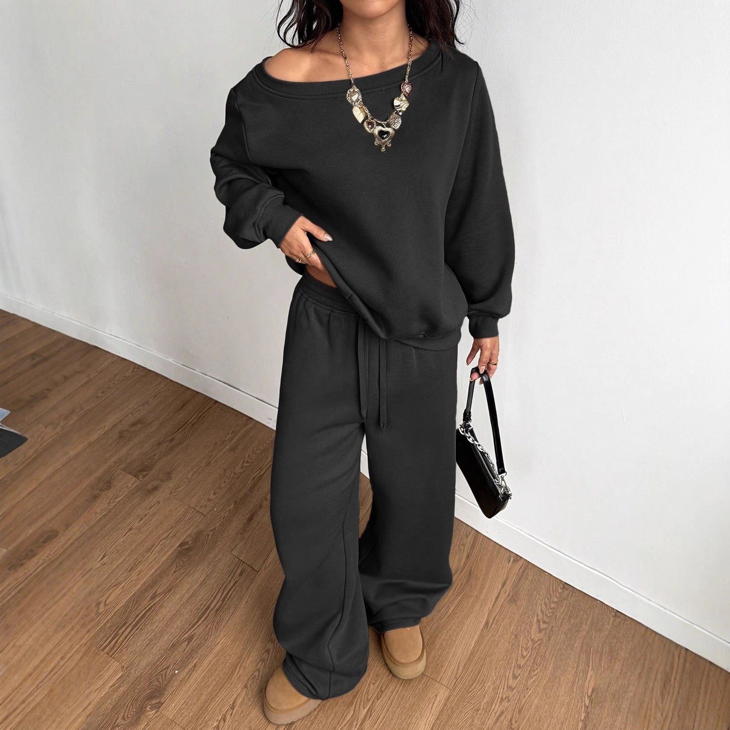 Womens Fashion Casual Sweatshirt And Wide-Leg Pants Set