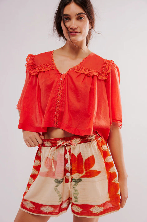 Lace-trimmed Collar Loose-fitting Fashionable Pleated Top For Women