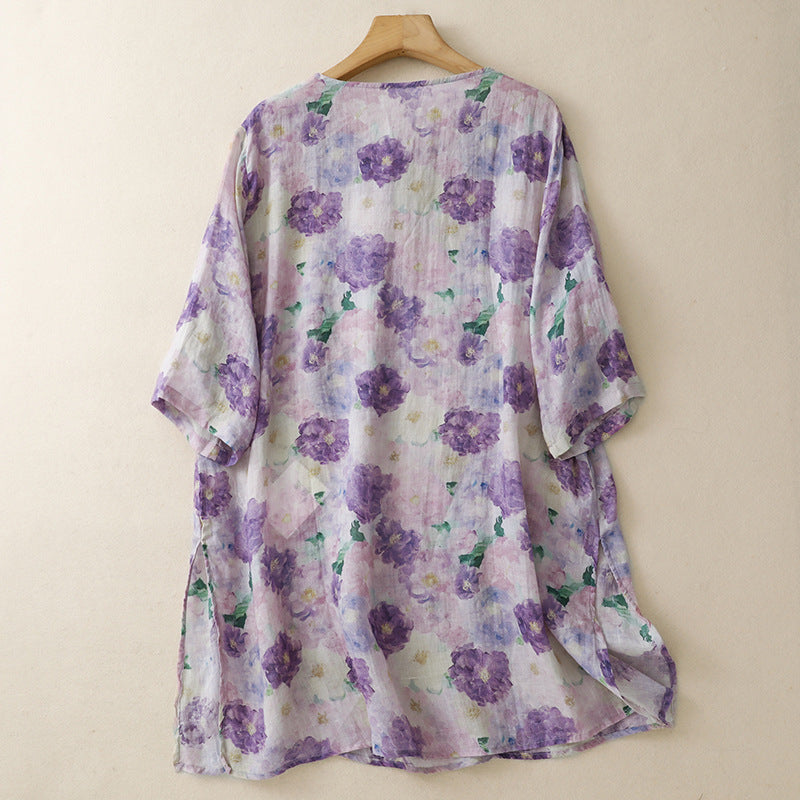 Womens Cotton-Linen Printed Shirt Loose  Mid-Length New Chinese-Style Top For Women
