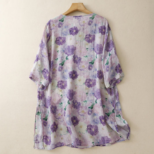 Womens Cotton-Linen Printed Shirt Loose  Mid-Length New Chinese-Style Top For Women