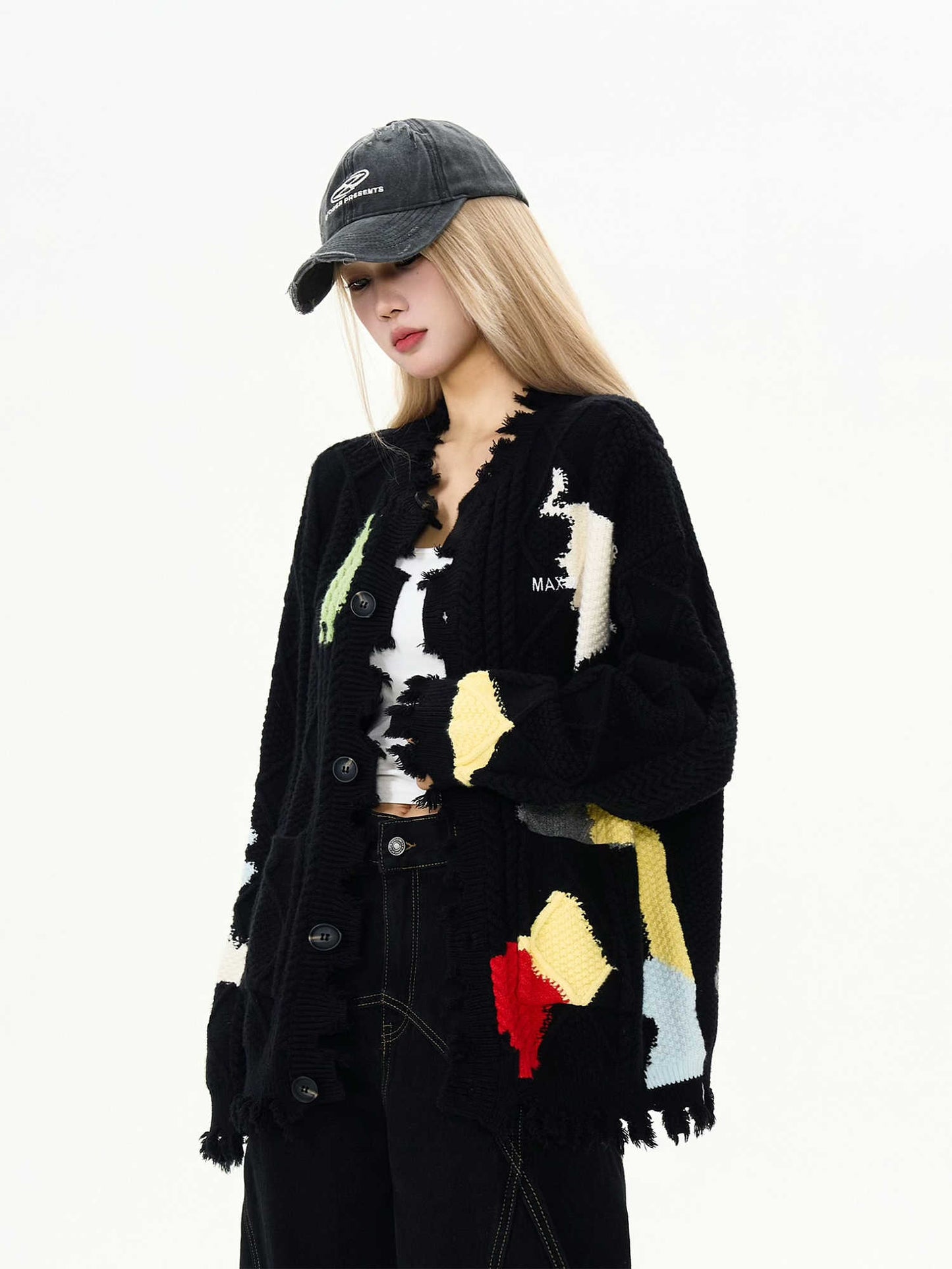 Damaged Contrast Color Cardigan Sweater Men's And Women's Coats